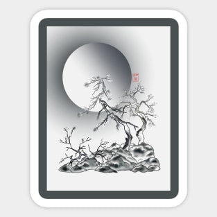 sumiE ink and pencil japanese pine trees and a full moon Sticker